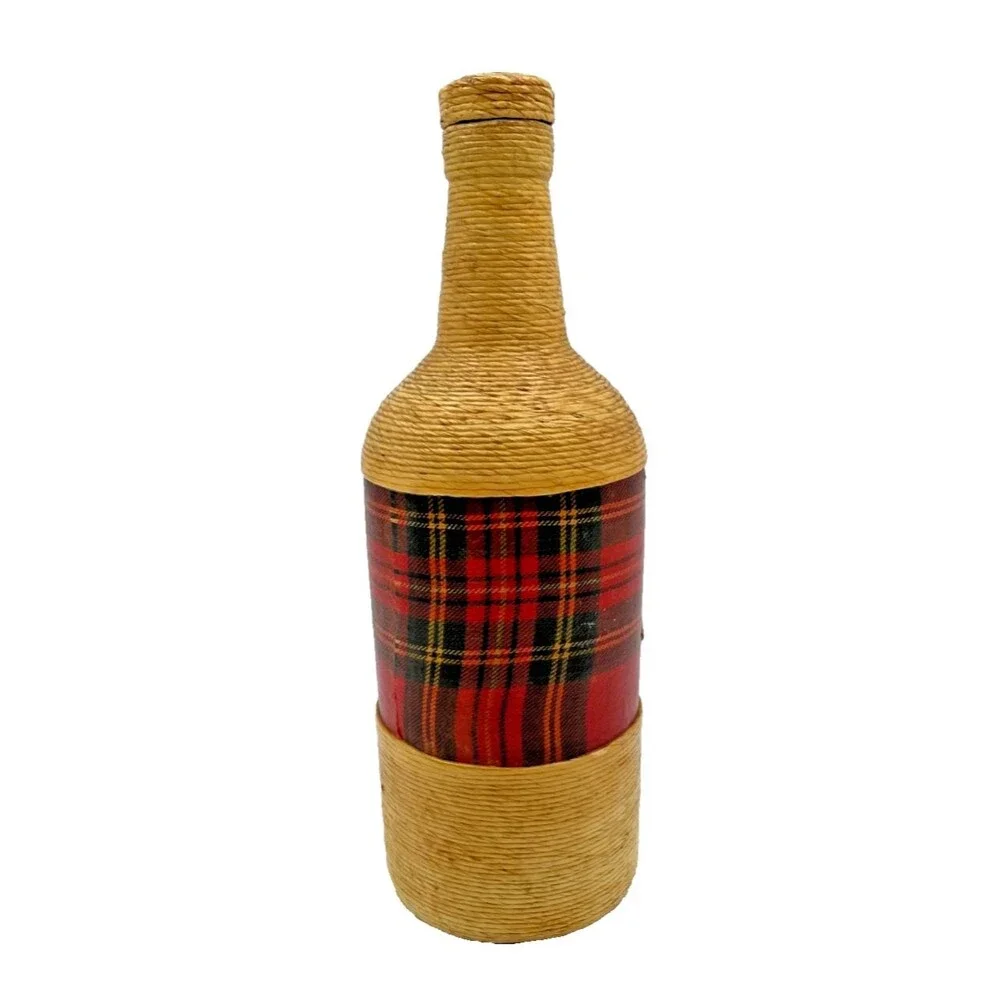 Vintage Wicker Wrapped Scotch Liquor Bottle Tartan Plaid Fine Jute Twine Rare